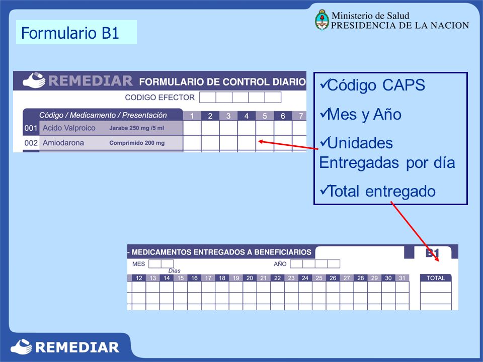 Formulario B1 Código CAPS Mes y Año Unidades Entregadas por día Total entregado