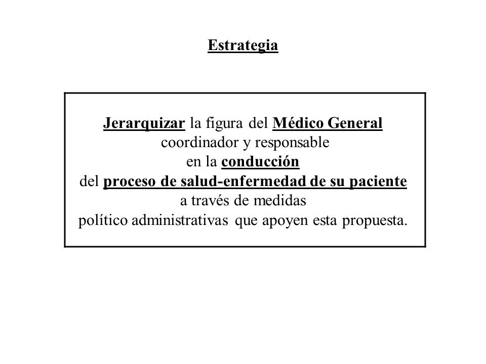 Estrategia Jerarquizar la figura del Médico General coordinador y responsable en la conducción del proceso de salud-enfermedad de su paciente a través de medidas político administrativas que apoyen esta propuesta.