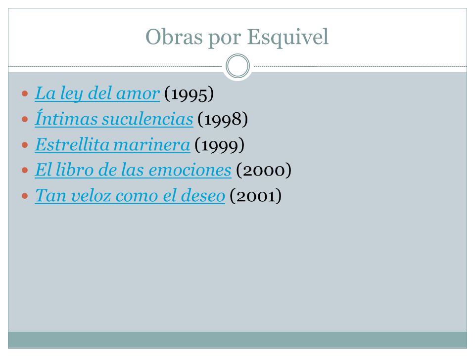 Obras por Esquivel La ley del amor (1995) Íntimas suculencias (1998)