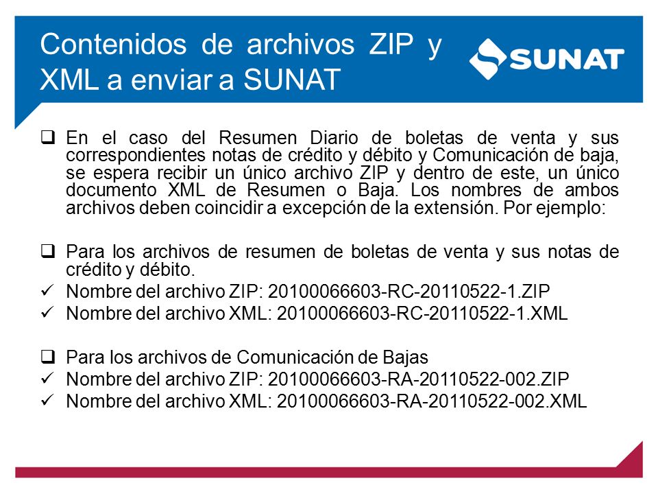 Contenidos de archivos ZIP y XML a enviar a SUNAT