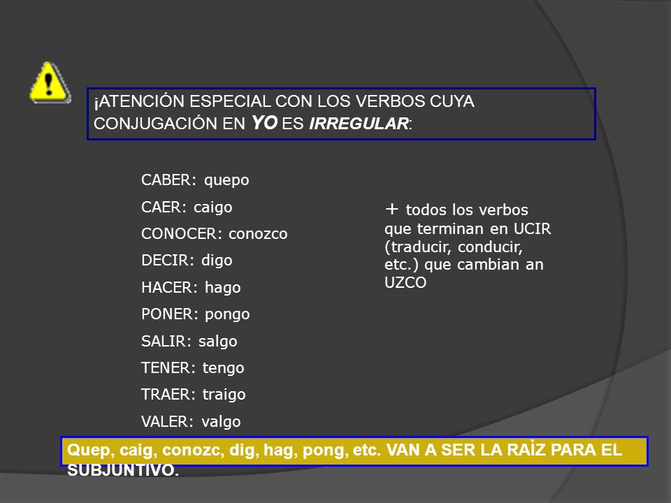 ¡ATENCIÓN ESPECIAL CON LOS VERBOS CUYA CONJUGACIÓN EN YO ES IRREGULAR: