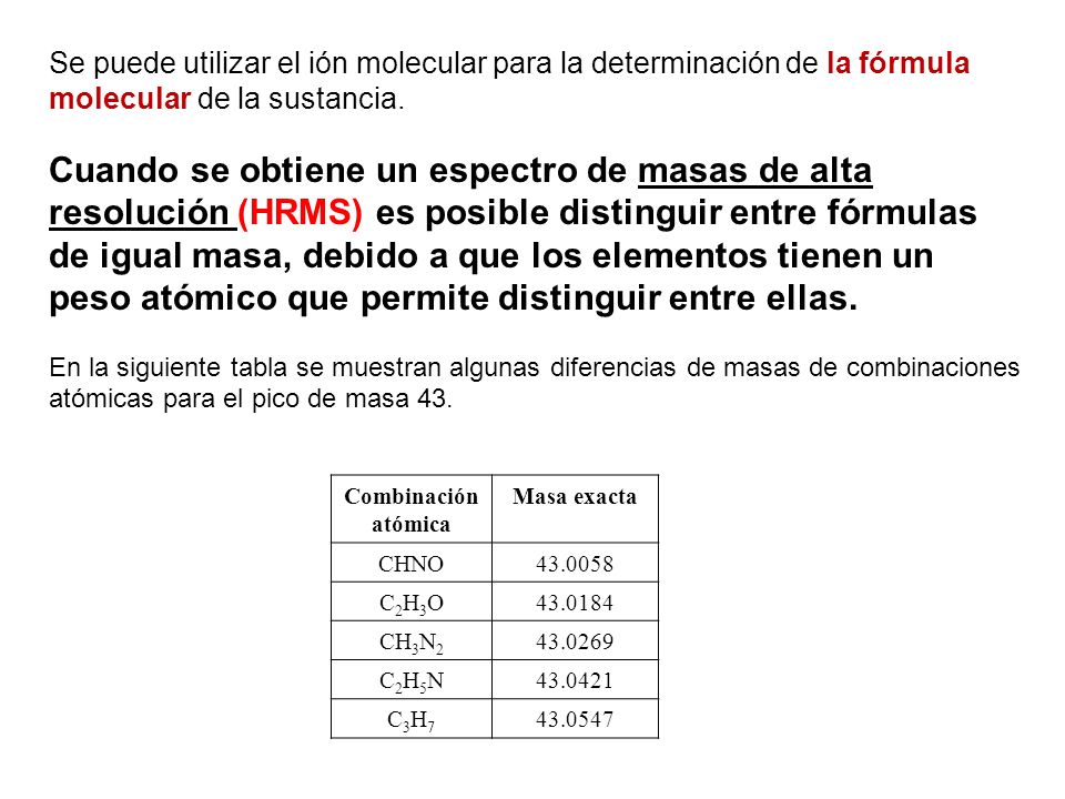 Se puede utilizar el ión molecular para la determinación de la fórmula molecular de la sustancia.