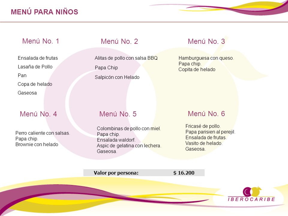 MENÚ PARA NIÑOS Menú No. 1 Menú No. 2 Menú No. 3 Menú No. 4 Menú No. 5