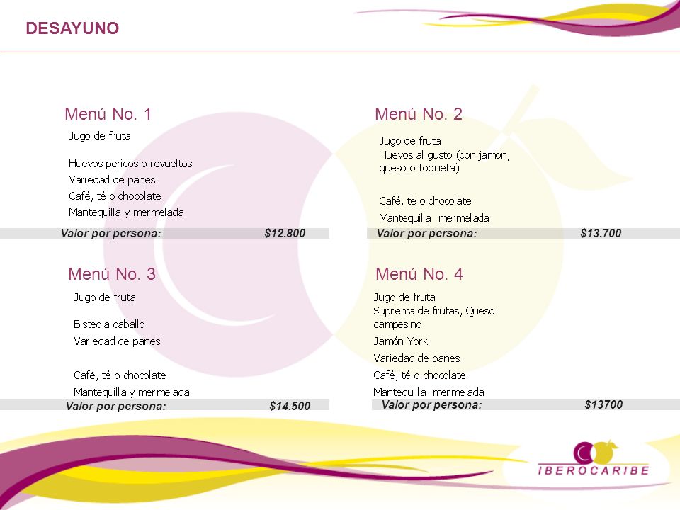 DESAYUNO Menú No. 1 Menú No. 2 Menú No. 3 Menú No. 4