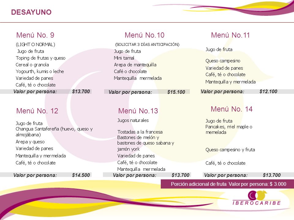 DESAYUNO Menú No. 9 Menú No.10 Menú No.11 Menú No. 14 Menú No. 12