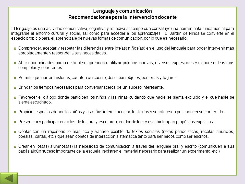 Lenguaje y comunicación Recomendaciones para la intervención docente