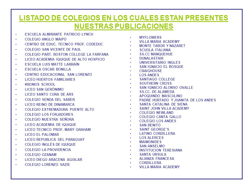 LISTADO DE COLEGIOS EN LOS CUALES ESTAN PRESENTES NUESTRAS PUBLICACIONES