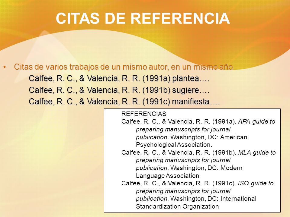CITAS DE REFERENCIA Citas de varios trabajos de un mismo autor, en un mismo año. Calfee, R. C., & Valencia, R. R. (1991a) plantea….