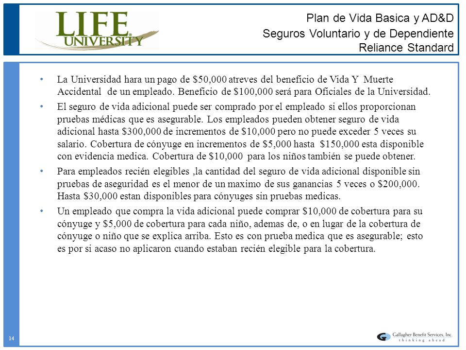 Plan de Vida Basica y AD&D Seguros Voluntario y de Dependiente Reliance Standard