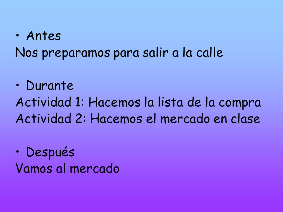 Antes Nos preparamos para salir a la calle. Durante. Actividad 1: Hacemos la lista de la compra. Actividad 2: Hacemos el mercado en clase.