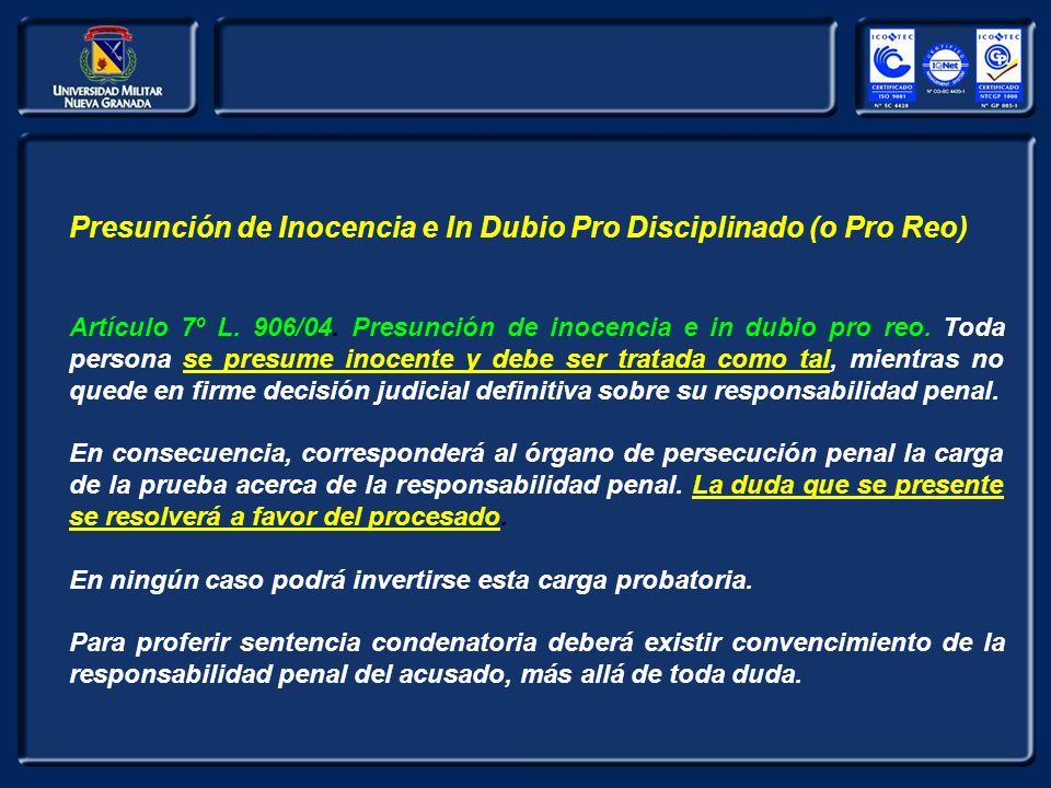 Presunción de Inocencia e In Dubio Pro Disciplinado (o Pro Reo)