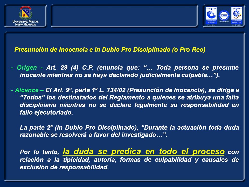 Presunción de Inocencia e In Dubio Pro Disciplinado (o Pro Reo)