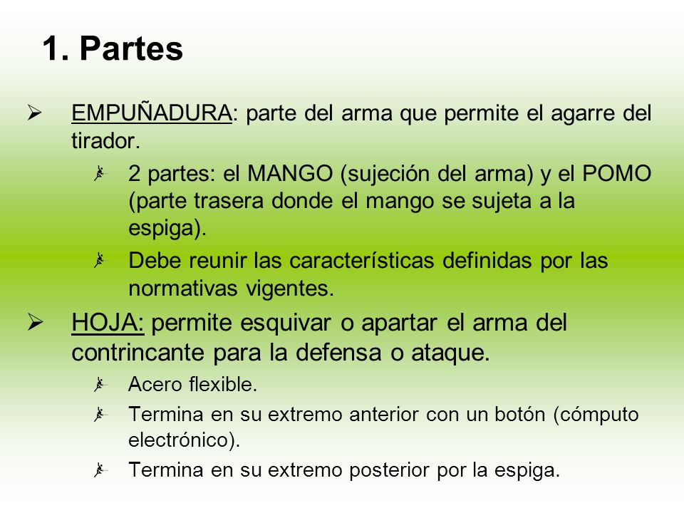 1. Partes EMPUÑADURA: parte del arma que permite el agarre del tirador.