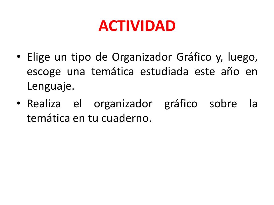 ACTIVIDAD Elige un tipo de Organizador Gráfico y, luego, escoge una temática estudiada este año en Lenguaje.