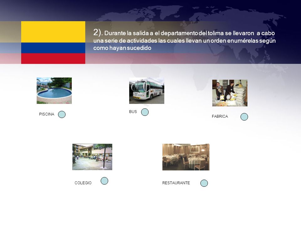 2). Durante la salida a el departamento del tolima se llevaron a cabo una serie de actividades las cuales llevan un orden enumérelas según como hayan sucedido