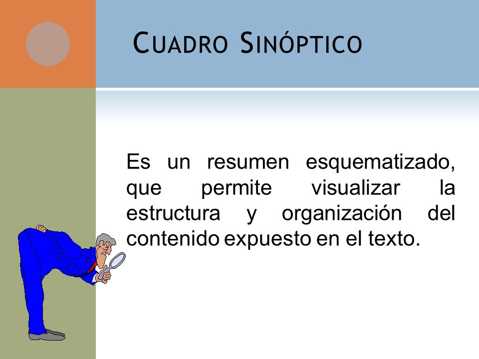 Cuadro Sinóptico Es un resumen esquematizado, que permite visualizar la estructura y organización del contenido expuesto en el texto.