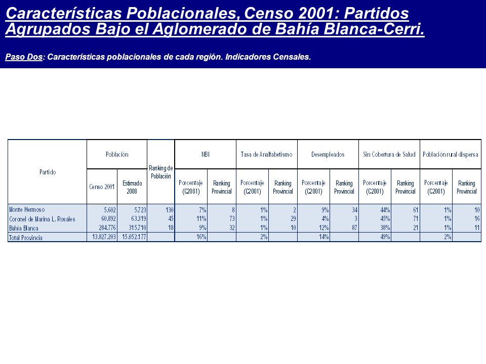 Características Poblacionales, Censo 2001: Partidos Agrupados Bajo el Aglomerado de Bahía Blanca-Cerri.