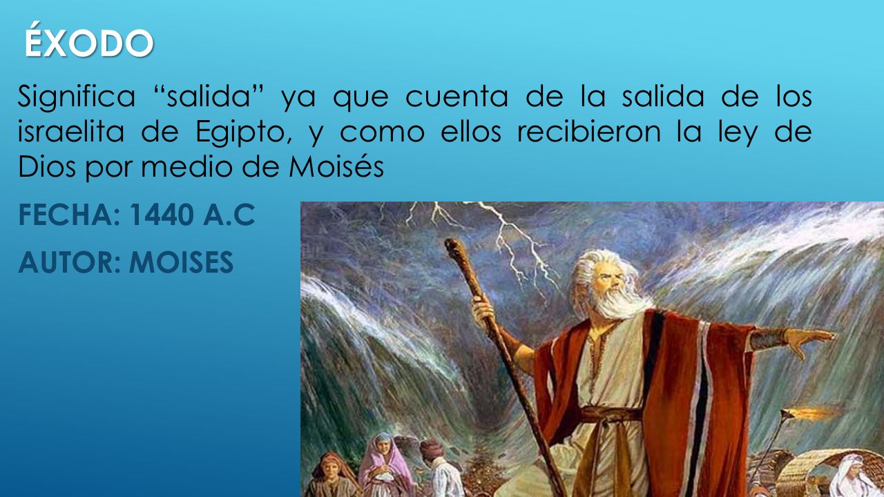 éxodo Significa salida ya que cuenta de la salida de los israelita de Egipto, y como ellos recibieron la ley de Dios por medio de Moisés.
