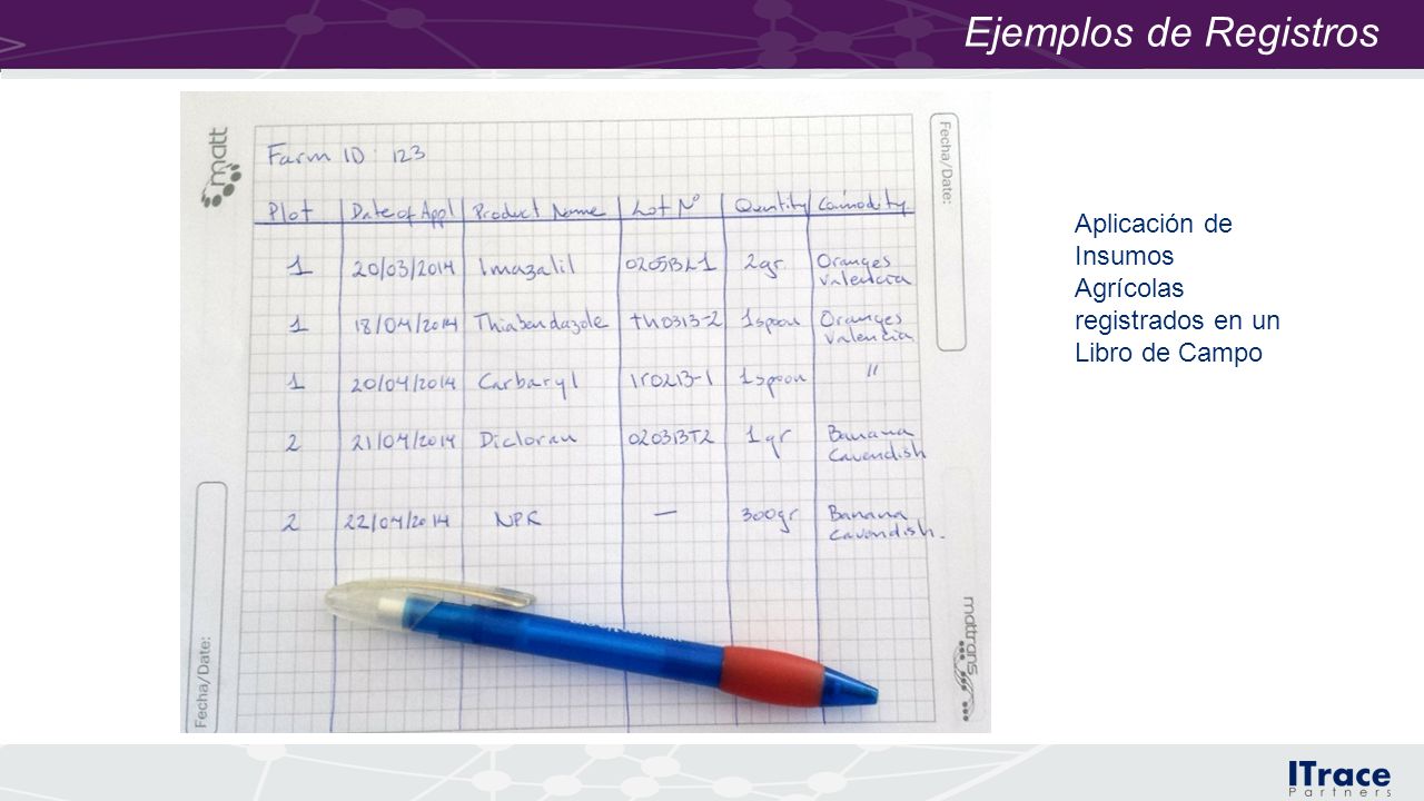 Ejemplos de Registros Aplicación de Insumos Agrícolas registrados en un Libro de Campo