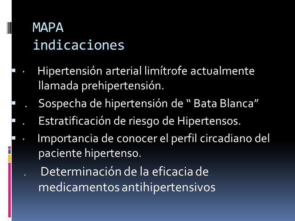 MAPA indicaciones · Hipertensión arterial limítrofe actualmente llamada prehipertensión. . Sospecha de hipertensión de Bata Blanca