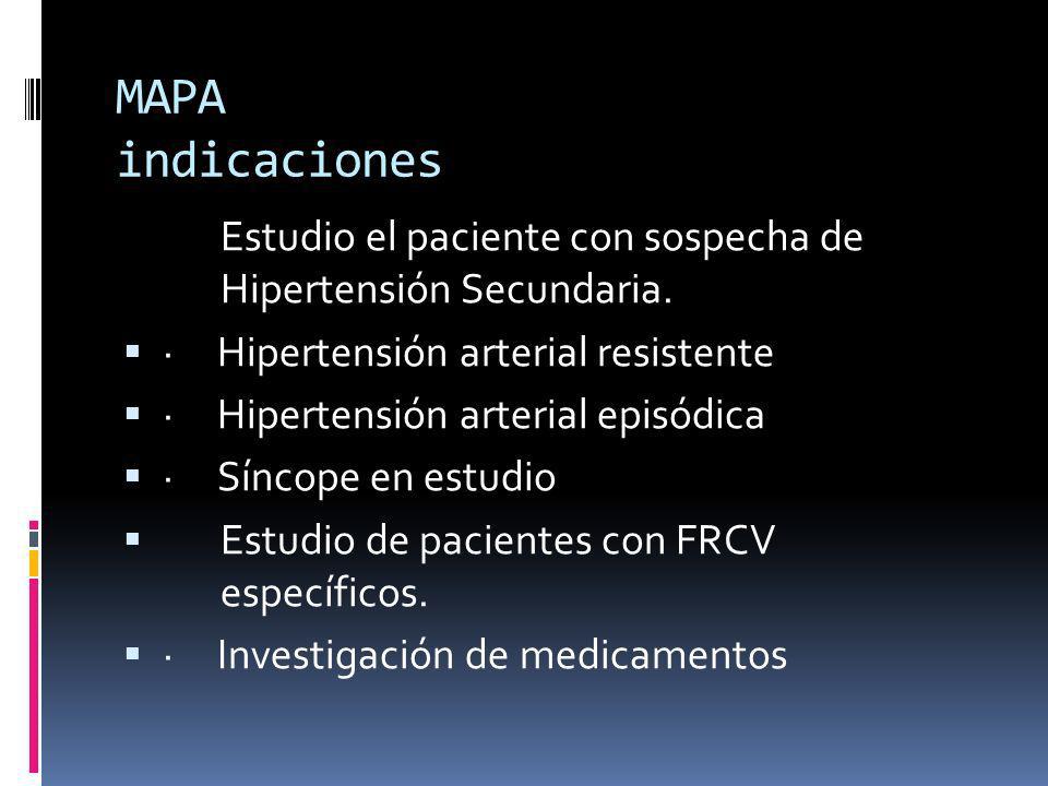MAPA indicaciones Estudio el paciente con sospecha de Hipertensión Secundaria. · Hipertensión arterial resistente.