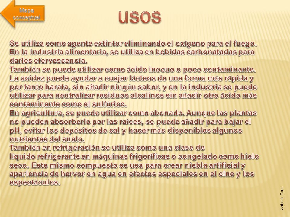 Mapa conceptual usos. Se utiliza como agente extintor eliminando el oxígeno para el fuego.