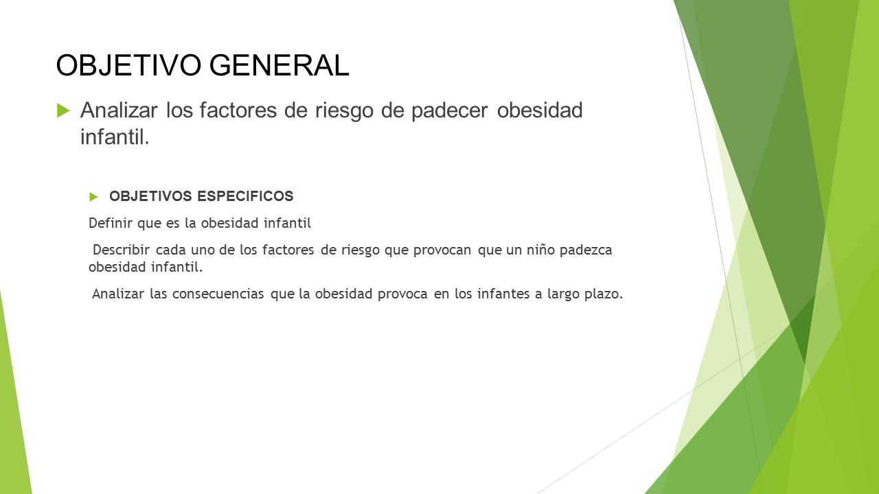 OBJETIVO GENERAL Analizar los factores de riesgo de padecer obesidad infantil. OBJETIVOS ESPECIFICOS.