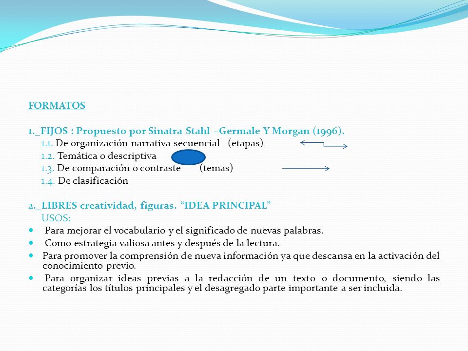 FORMATOS 1._FIJOS : Propuesto por Sinatra Stahl –Germale Y Morgan (1996) De organización narrativa secuencial (etapas)