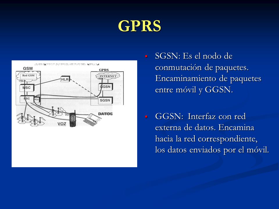 GPRS SGSN: Es el nodo de conmutación de paquetes. Encaminamiento de paquetes entre móvil y GGSN.