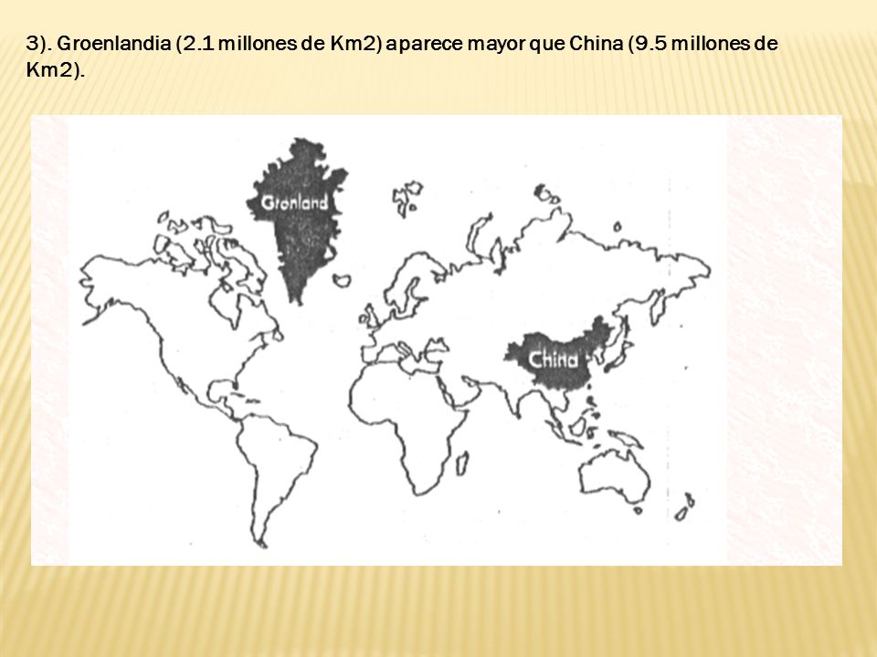 3). Groenlandia (2. 1 millones de Km2) aparece mayor que China (9