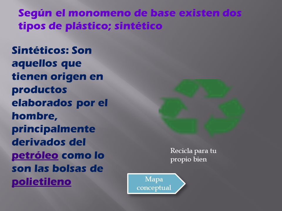 Según el monomeno de base existen dos tipos de plástico; sintético