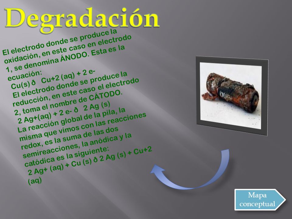 Degradación El electrodo donde se produce la oxidación, en este caso en electrodo 1, se denomina ÁNODO. Esta es la ecuación: