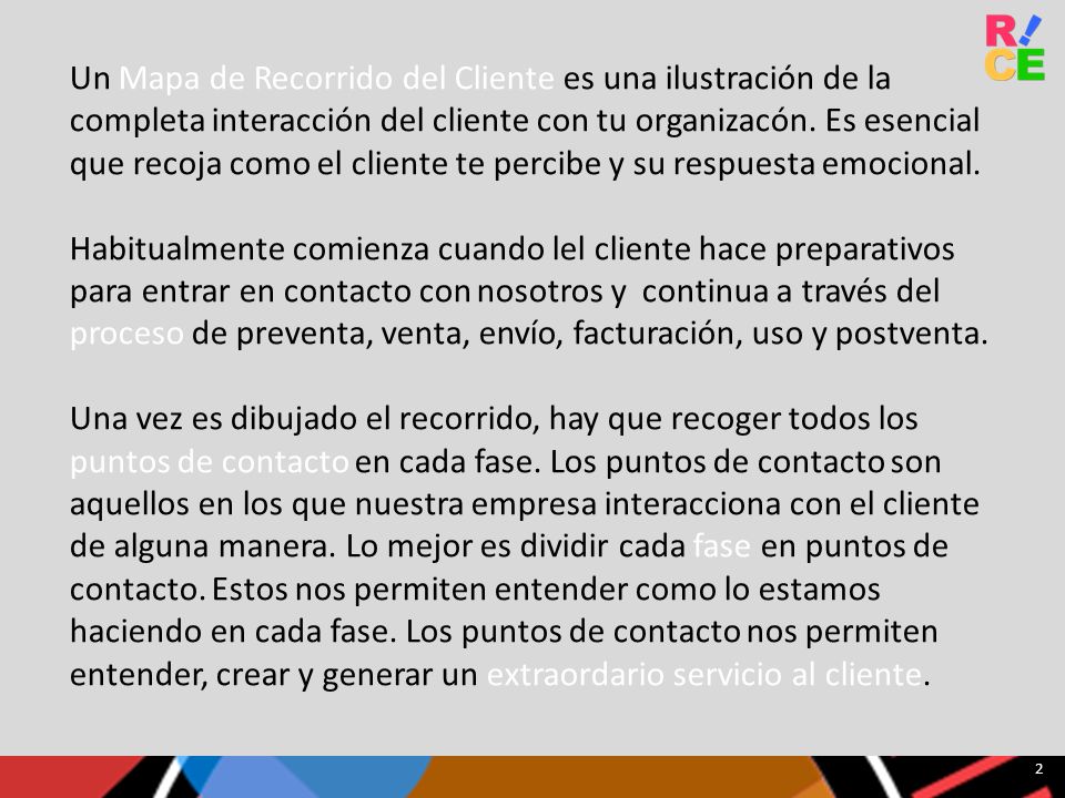 Un Mapa de Recorrido del Cliente es una ilustración de la completa interacción del cliente con tu organizacón. Es esencial que recoja como el cliente te percibe y su respuesta emocional.