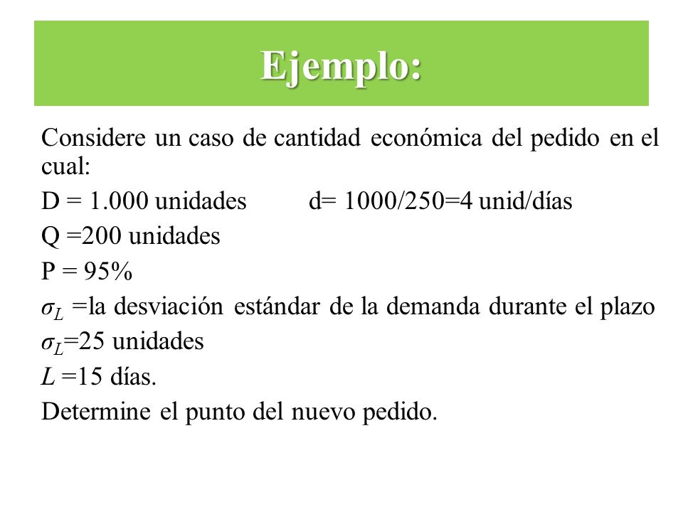 Ejemplo: Considere un caso de cantidad económica del pedido en el cual: D = unidades d= 1000/250=4 unid/días.