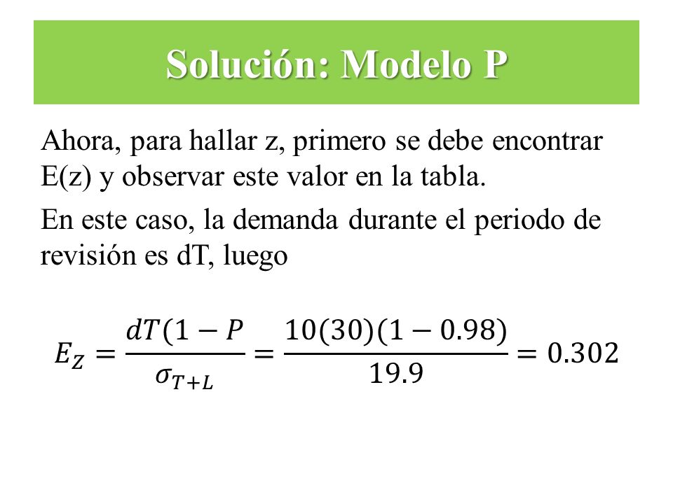 Solución: Modelo P Ahora, para hallar z, primero se debe encontrar E(z) y observar este valor en la tabla.