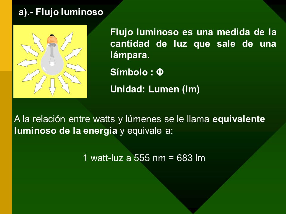 a).- Flujo luminoso Flujo luminoso es una medida de la cantidad de luz que sale de una lámpara. Símbolo : Φ.