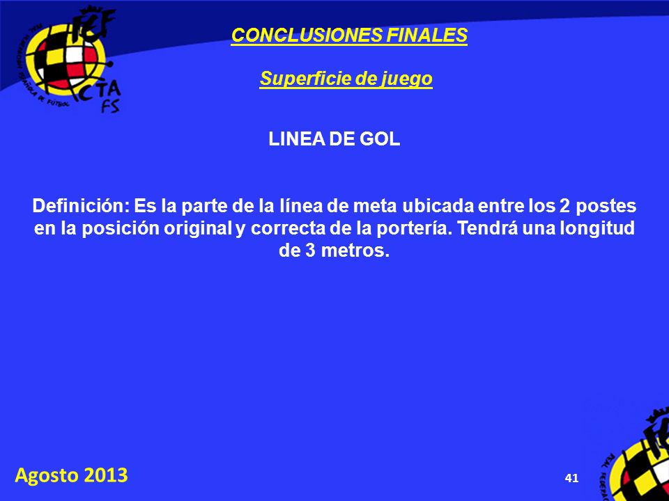 Agosto 2013 CONCLUSIONES FINALES Superficie de juego LINEA DE GOL