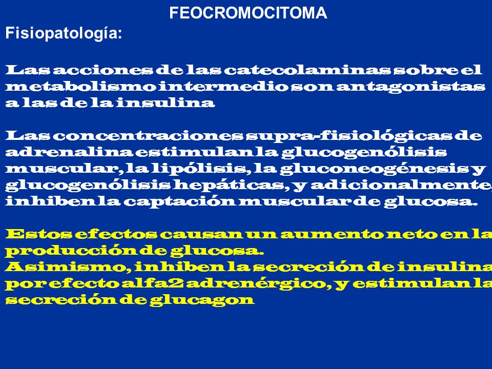 FEOCROMOCITOMA Fisiopatología: Las acciones de las catecolaminas sobre el metabolismo intermedio son antagonistas a las de la insulina.