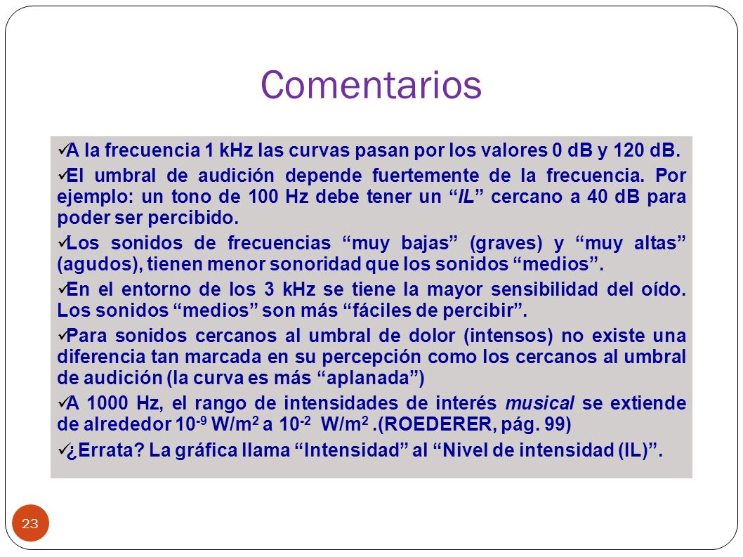 Comentarios A la frecuencia 1 kHz las curvas pasan por los valores 0 dB y 120 dB.