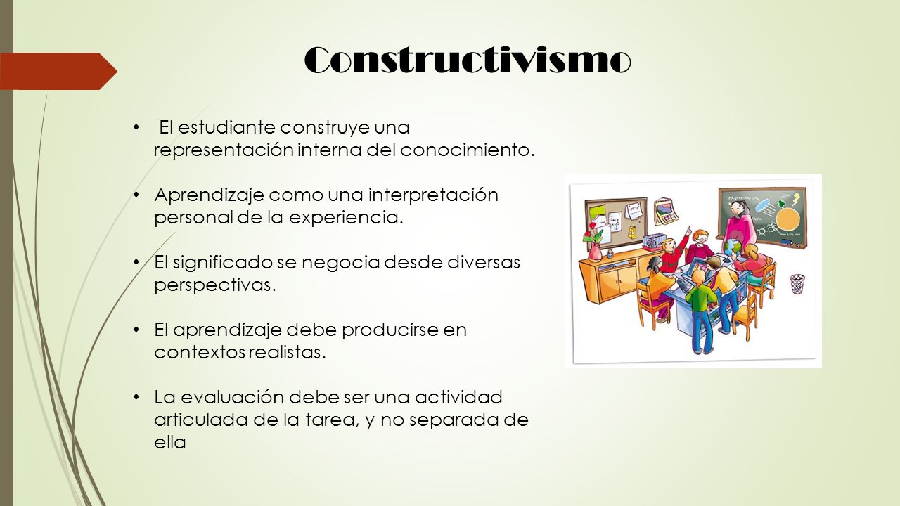 Constructivismo El estudiante construye una representación interna del conocimiento. Aprendizaje como una interpretación personal de la experiencia.