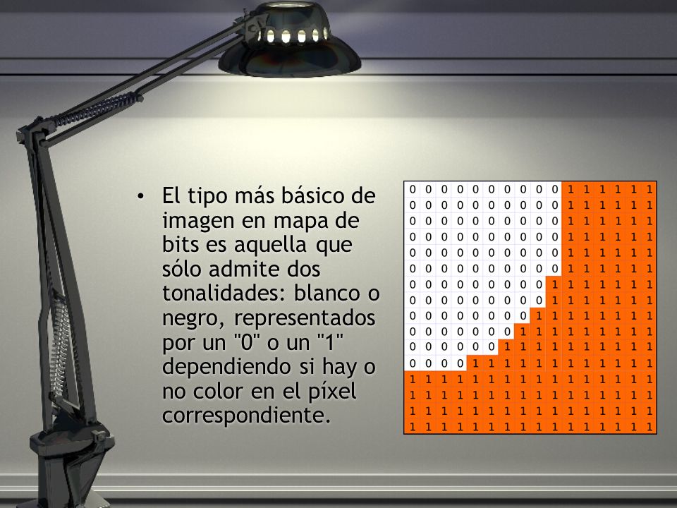 El tipo más básico de imagen en mapa de bits es aquella que sólo admite dos tonalidades: blanco o negro, representados por un 0 o un 1 dependiendo si hay o no color en el píxel correspondiente.