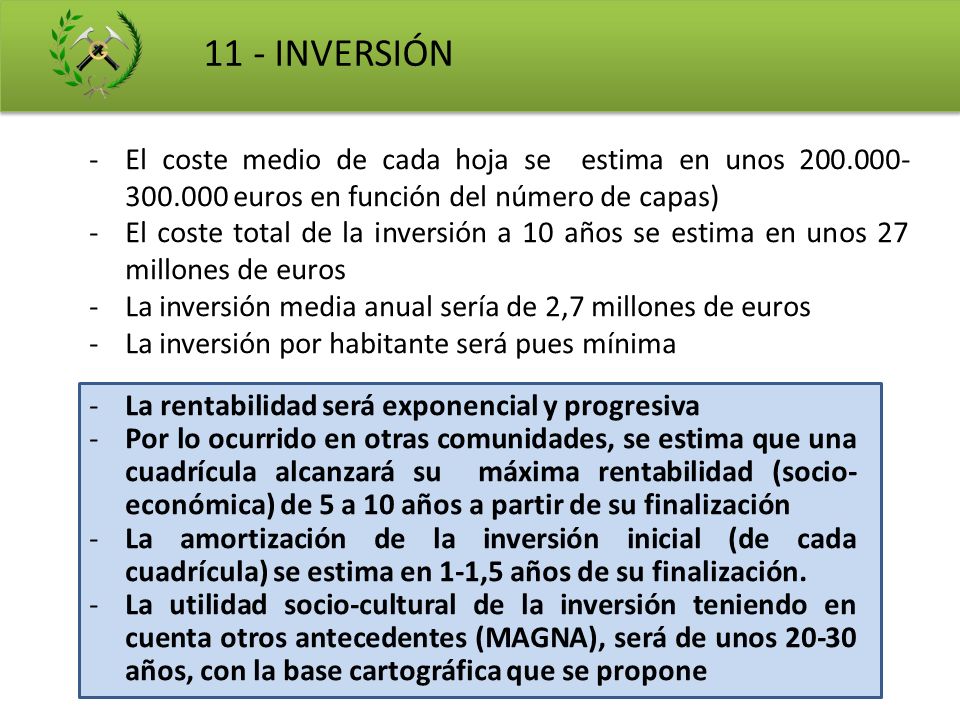 11 - INVERSIÓN El coste medio de cada hoja se estima en unos euros en función del número de capas)