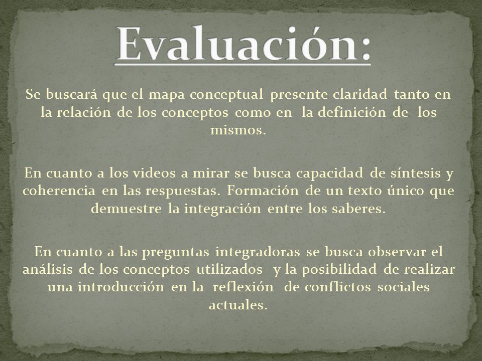 Evaluación: Se buscará que el mapa conceptual presente claridad tanto en la relación de los conceptos como en la definición de los mismos.