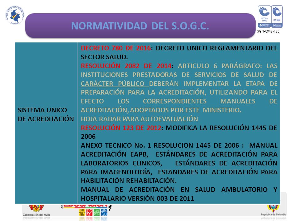 NORMATIVIDAD DEL S.O.G.C. SGN-C048-F23. SISTEMA UNICO DE ACREDITACIÓN. DECRETO 780 DE 2016: DECRETO UNICO REGLAMENTARIO DEL SECTOR SALUD.