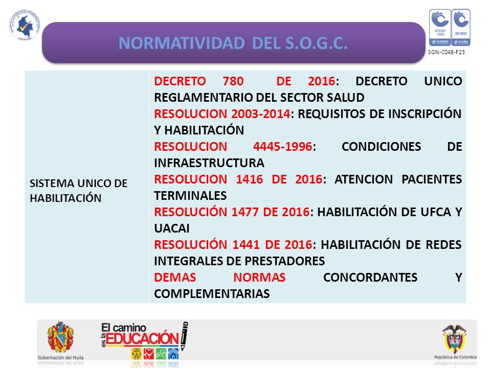 NORMATIVIDAD DEL S.O.G.C. SGN-C048-F23. SISTEMA UNICO DE HABILITACIÓN. DECRETO 780 DE 2016: DECRETO UNICO REGLAMENTARIO DEL SECTOR SALUD.