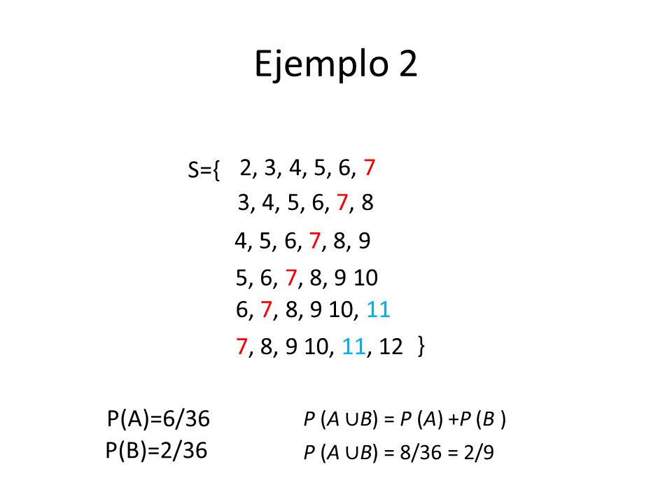 Ejemplo 2 S={ 2, 3, 4, 5, 6, 7. 3, 4, 5, 6, 7, 8. 4, 5, 6, 7, 8, 9. 5, 6, 7, 8, , 7, 8, 9 10, 11.