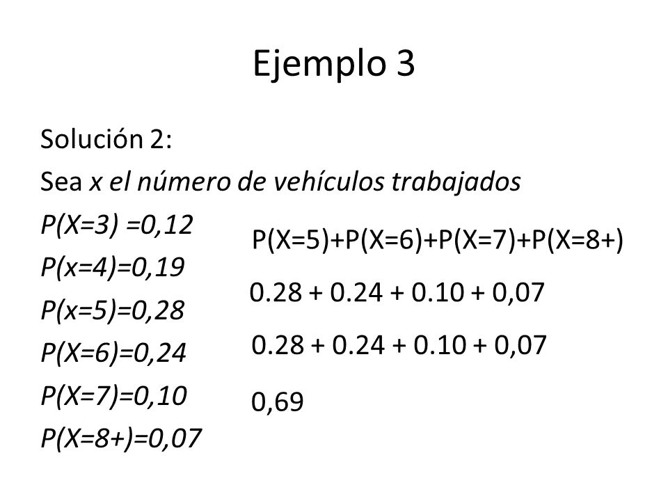Ejemplo 3 Solución 2: Sea x el número de vehículos trabajados P(X=3) =0,12 P(x=4)=0,19 P(x=5)=0,28 P(X=6)=0,24 P(X=7)=0,10 P(X=8+)=0,07