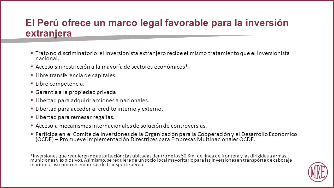 El Perú ofrece un marco legal favorable para la inversión extranjera