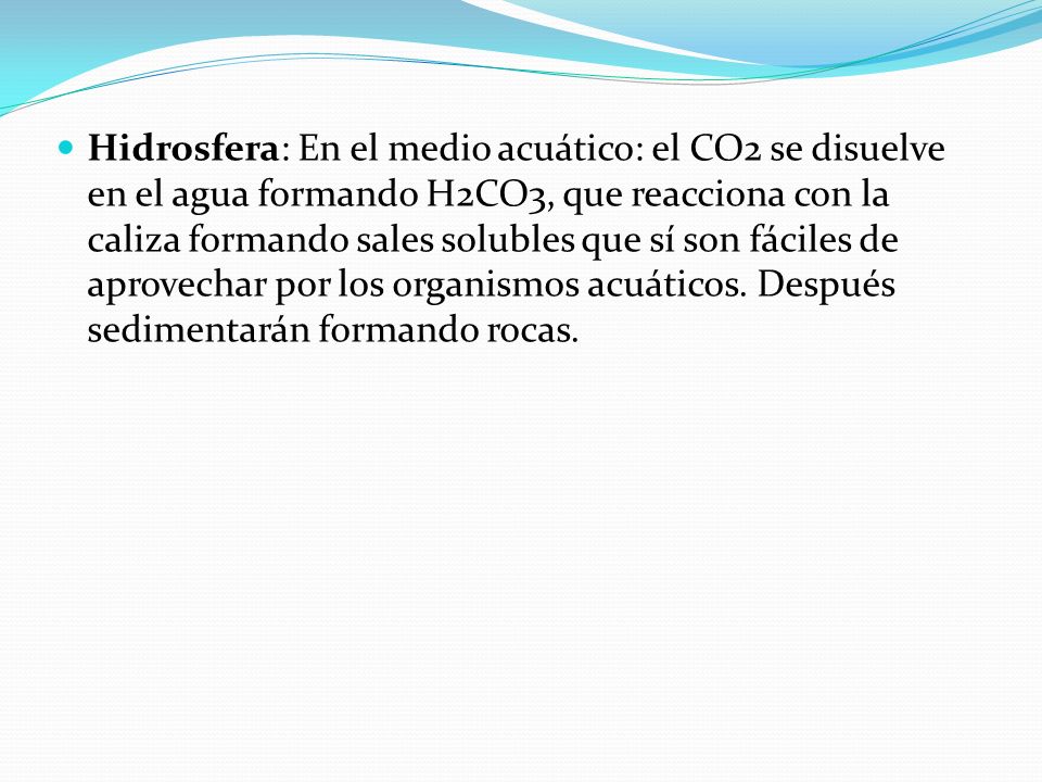 Hidrosfera: En el medio acuático: el CO2 se disuelve en el agua formando H2CO3, que reacciona con la caliza formando sales solubles que sí son fáciles de aprovechar por los organismos acuáticos.