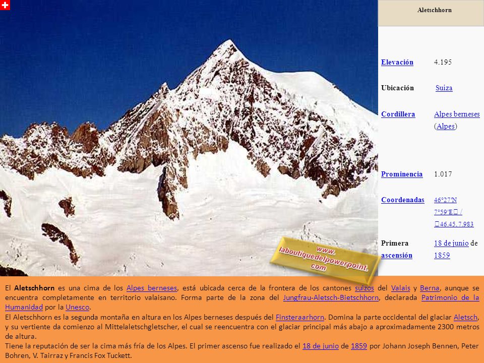 Aletschhorn Elevación Ubicación. Suiza. Cordillera. Alpes berneses (Alpes) Prominencia.